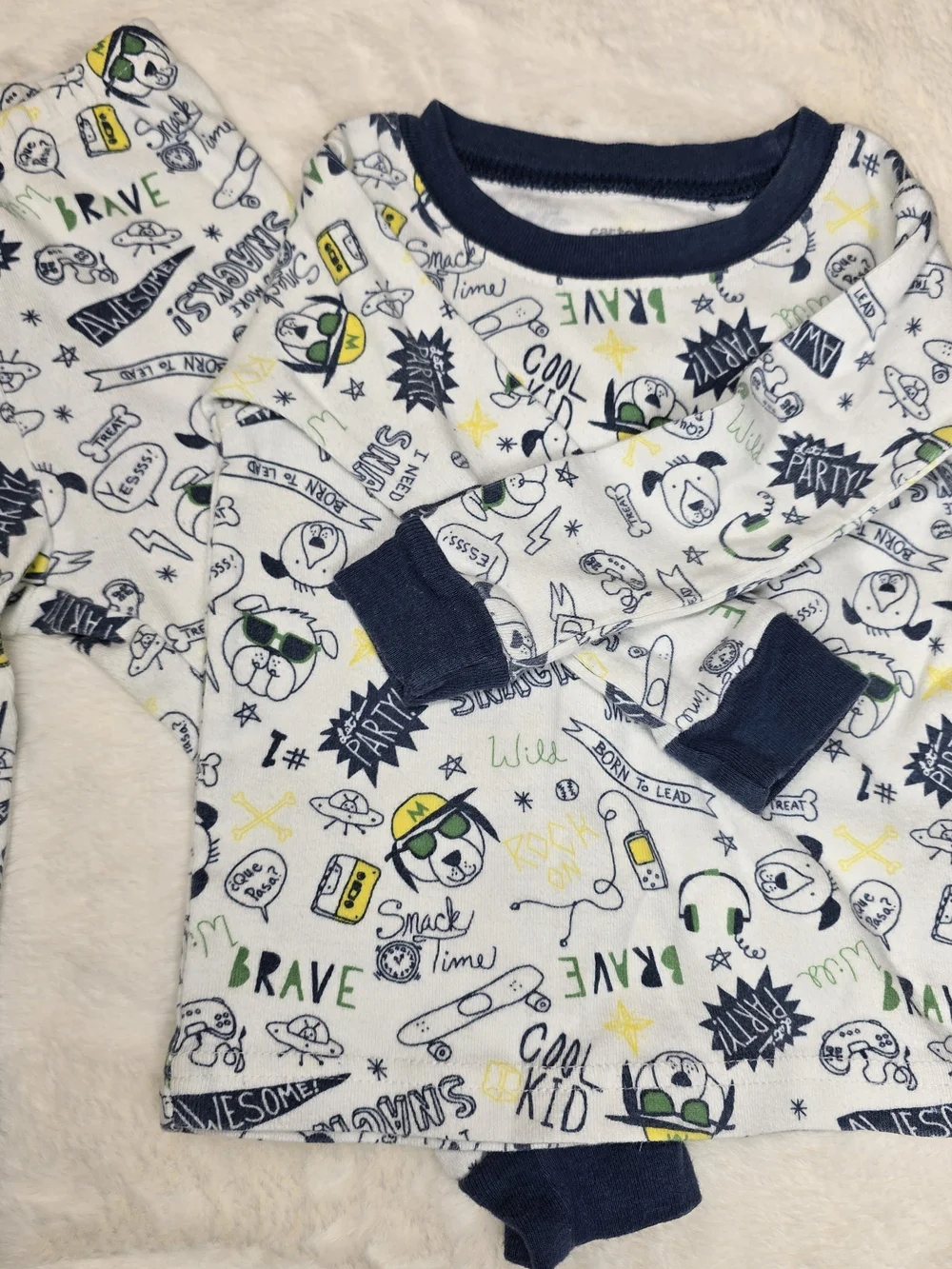 Carter's White Graphic Pajama Set with Navy Trim and Multi-Color Prints
